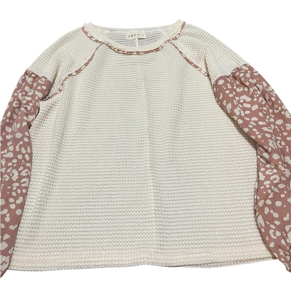 Amoli Leopard Print Balloon Sleeve Waffle Knit Boho Top